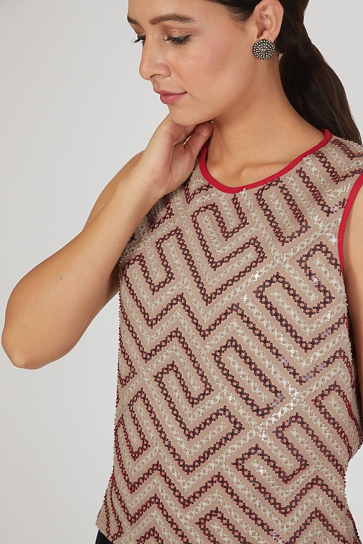 Beige & Brown Sequins Embroidered T-Shirt by Anand Bhushan at Pernia's Pop Up Shop