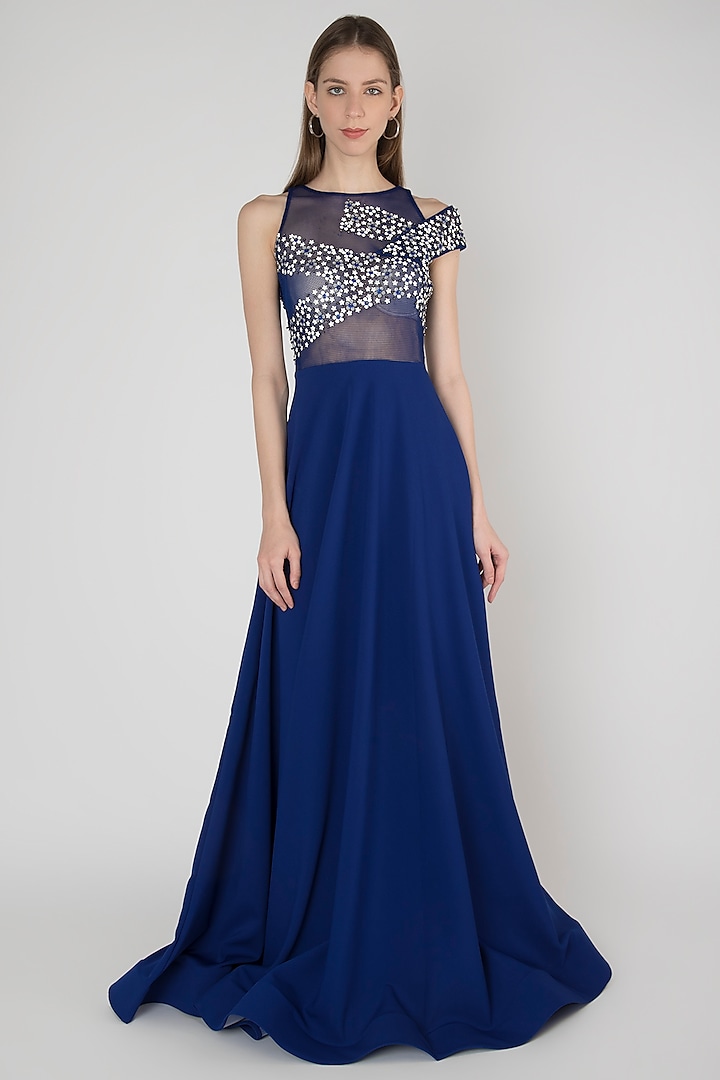 Blue Embroidered Mesh Gown by Anand Bhushan