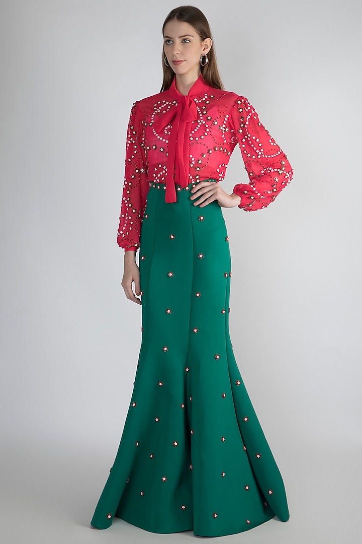 Pink Floral Embroidered Blouse by Anand Bhushan