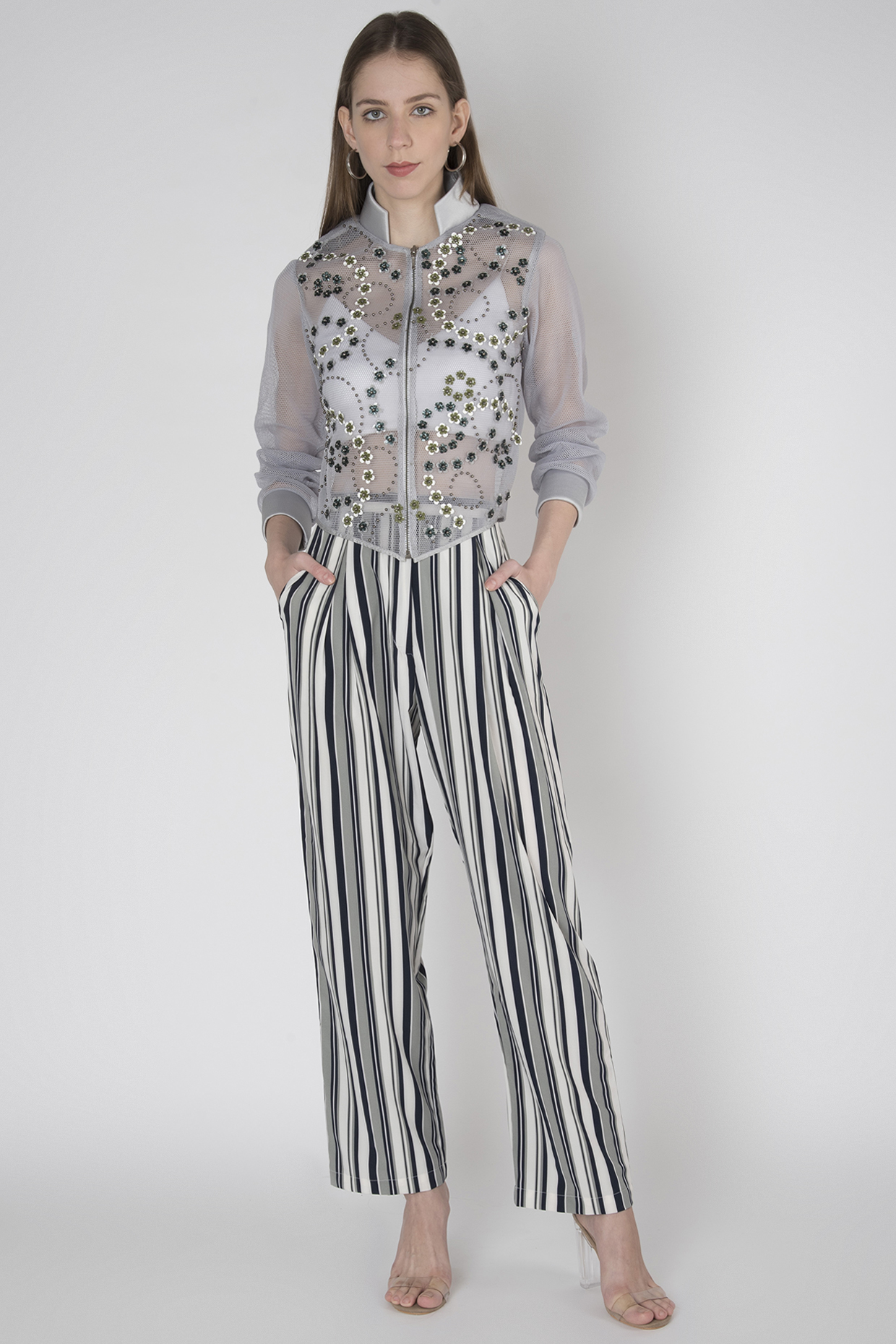 Grey Embroidered Mesh Jacket by Anand Bhushan at Pernia's Pop Up Shop