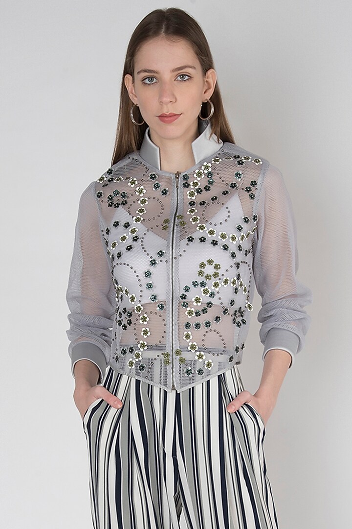Grey Embroidered Mesh Jacket by Anand Bhushan at Pernia's Pop Up Shop