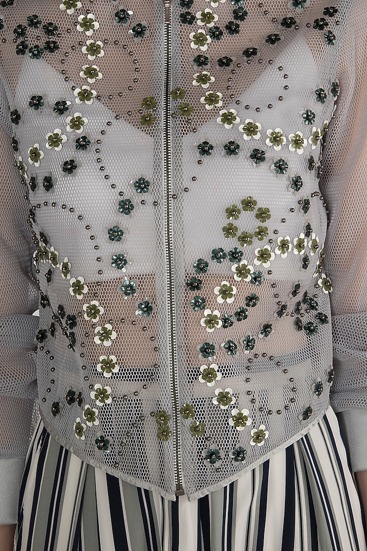 Grey Embroidered Mesh Jacket by Anand Bhushan at Pernia's Pop Up Shop