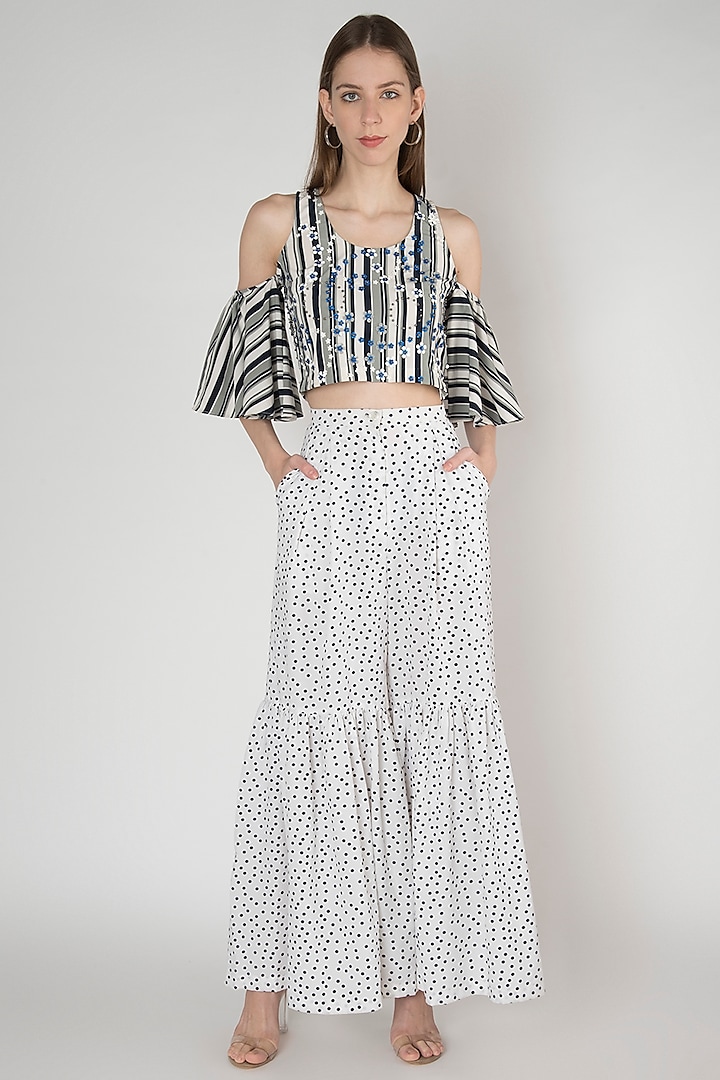 White Printed Crepe Pants by Anand Bhushan