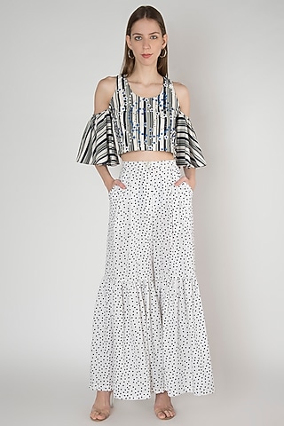 White Printed Crepe Pants by Anand Bhushan