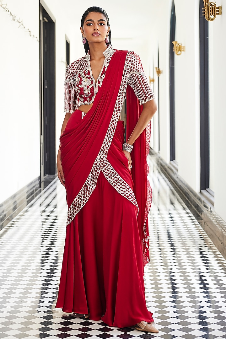 Red Chiffon Hand Embroidered Draped Saree Set by ANUSHKAA BAJAJ at Pernia's Pop Up Shop