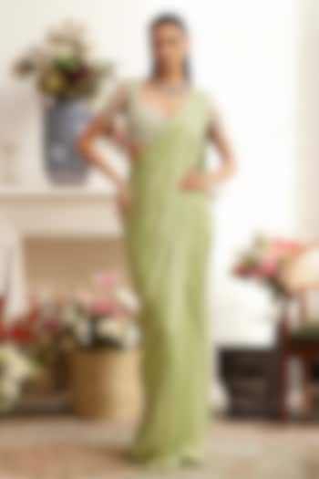 Sage Green Chiffon Pleated Draped Reception Saree Set by ANUSHKAA BAJAJ at Pernia's Pop Up Shop