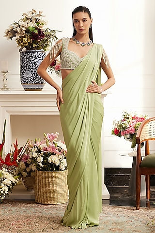 Sage Green Chiffon Pleated Draped Saree Set by ANUSHKAA BAJAJ