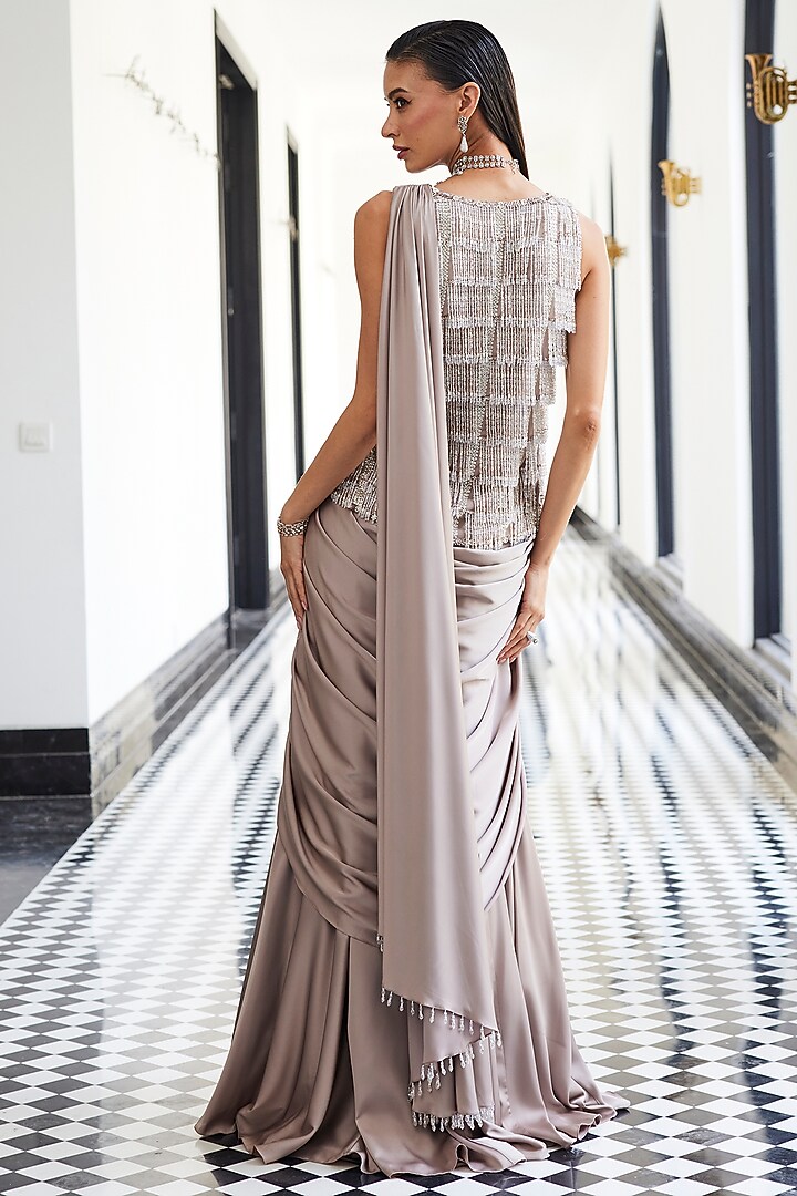 Ruby Tan Chiffon Draped Reception Saree Set by ANUSHKAA BAJAJ at Pernia's Pop Up Shop