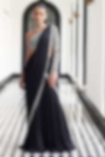 Black Chiffon Hand Embroidered Draped Saree Set by ANUSHKAA BAJAJ at Pernia's Pop Up Shop