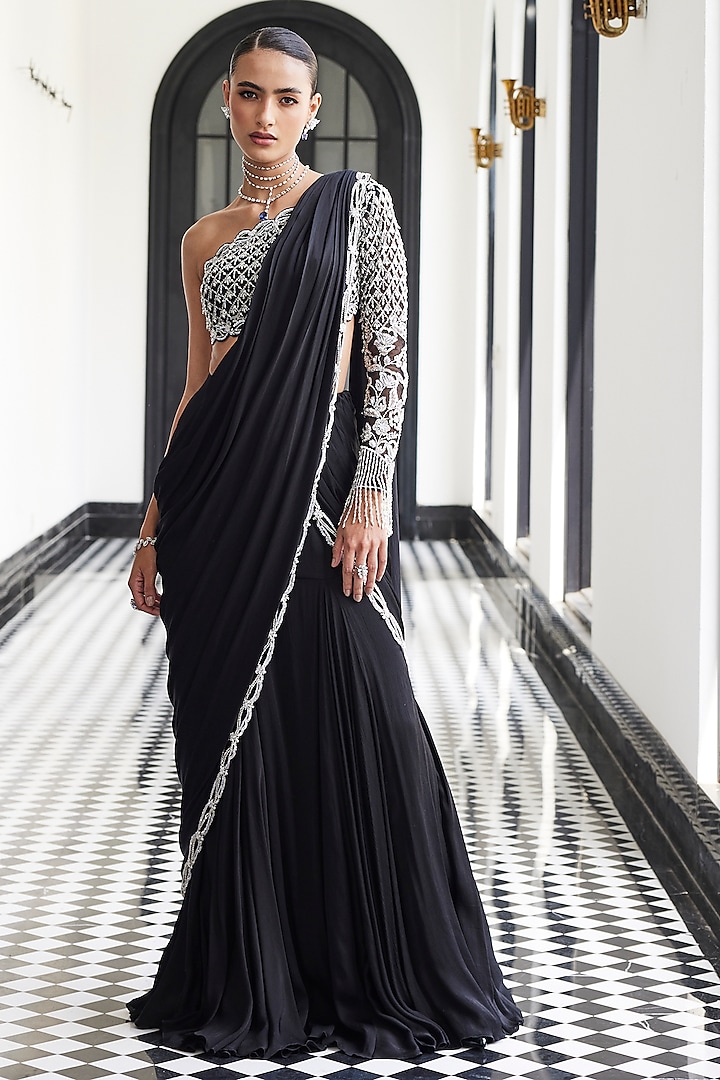 Black Chiffon Hand Embroidered Draped Saree Set by ANUSHKAA BAJAJ at Pernia's Pop Up Shop