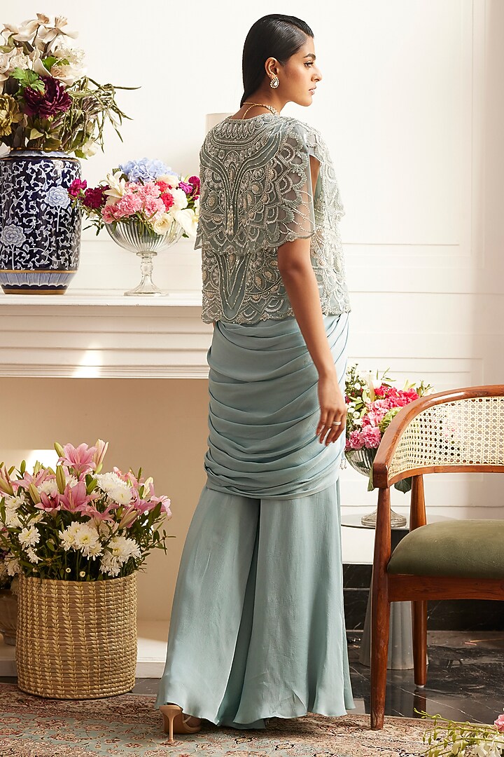 Aqua Blue Chiffon Tasselled Draped Skirt Set by ANUSHKAA BAJAJ at Pernia's Pop Up Shop