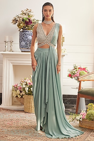 Aqua Blue Chiffon Draped Skirt Set by ANUSHKAA BAJAJ
