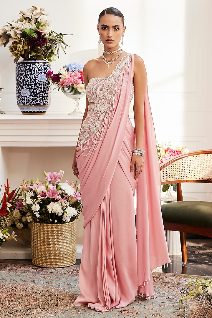English Pink Chiffon Hand Embroidered Draped Reception Saree Set by ANUSHKAA BAJAJ at Pernia's Pop Up Shop