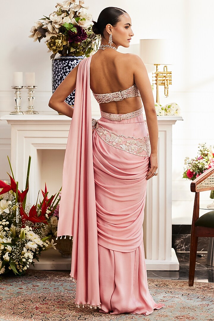 English Pink Chiffon Hand Embroidered Draped Reception Saree Set by ANUSHKAA BAJAJ at Pernia's Pop Up Shop