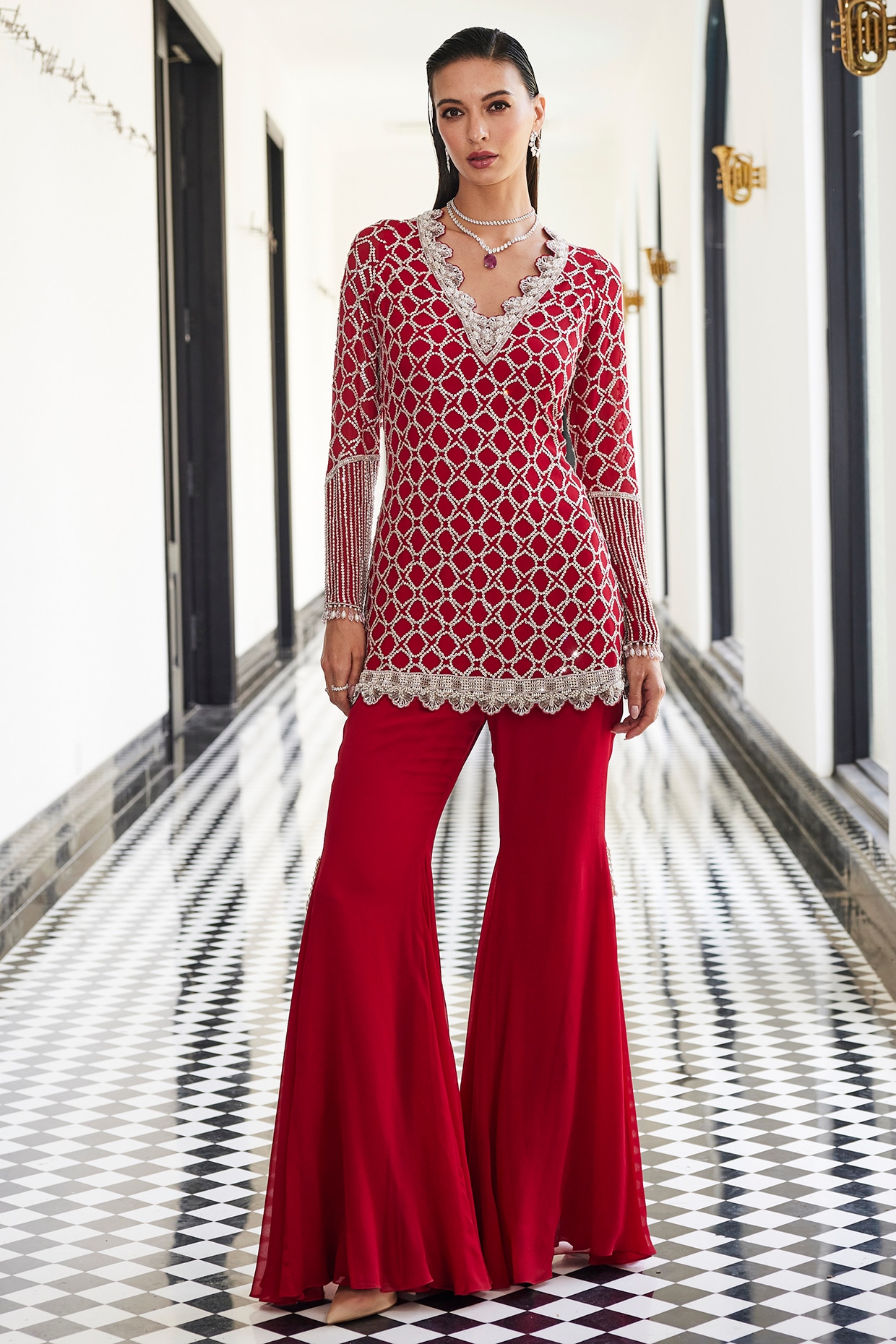Red Georgette Flared Pant Set by ANUSHKAA BAJAJ at Pernia's Pop Up