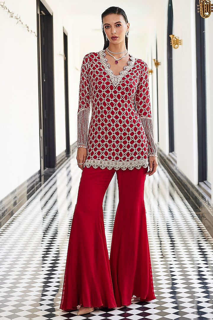 Red Georgette Flared Pant Set by ANUSHKAA BAJAJ at Pernia's Pop Up Shop