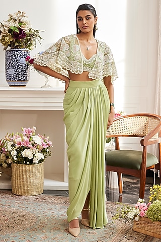 Sage Green Chiffon Draped Skirt Set by ANUSHKAA BAJAJ