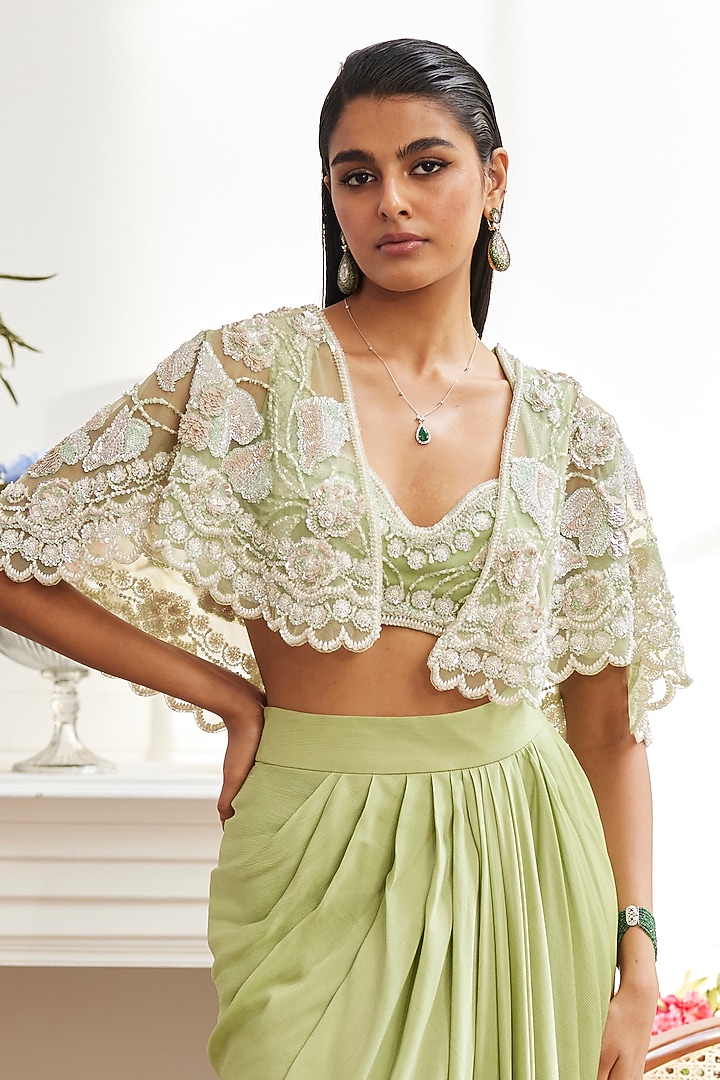 Sage Green Chiffon Draped Skirt Set by ANUSHKAA BAJAJ at Pernia's Pop Up Shop