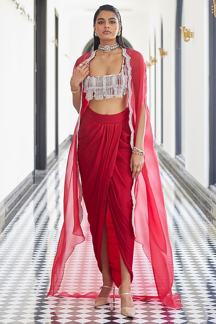 Red Chiffon Draped Skirt Set by ANUSHKAA BAJAJ at Pernia's Pop Up Shop