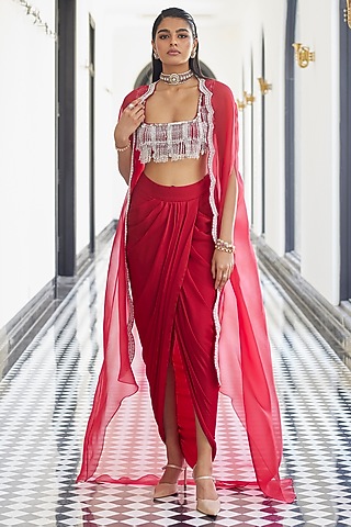 Red Chiffon Draped Skirt Set by ANUSHKAA BAJAJ