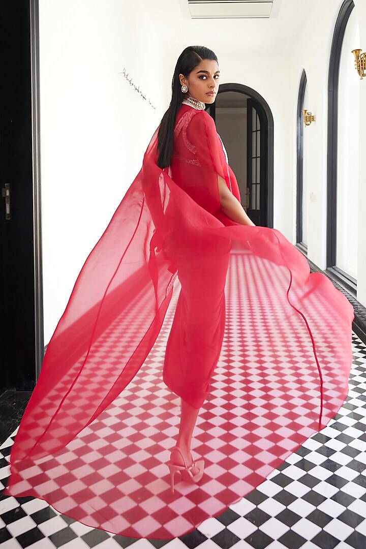 Red Chiffon Draped Skirt Set by ANUSHKAA BAJAJ at Pernia's Pop Up Shop