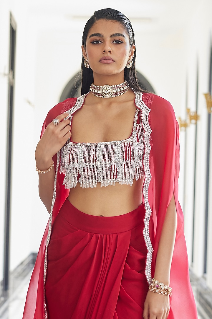 Red Chiffon Draped Skirt Set by ANUSHKAA BAJAJ at Pernia's Pop Up Shop