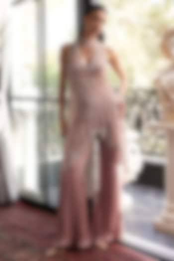 Rose Gold Chiffon Flared Pant Set by ANUSHKAA BAJAJ at Pernia's Pop Up Shop
