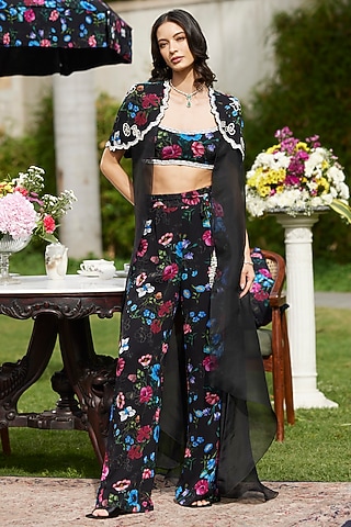 Black & Multi-Colored Georgette Printed Pant Set by ANUSHKAA BAJAJ