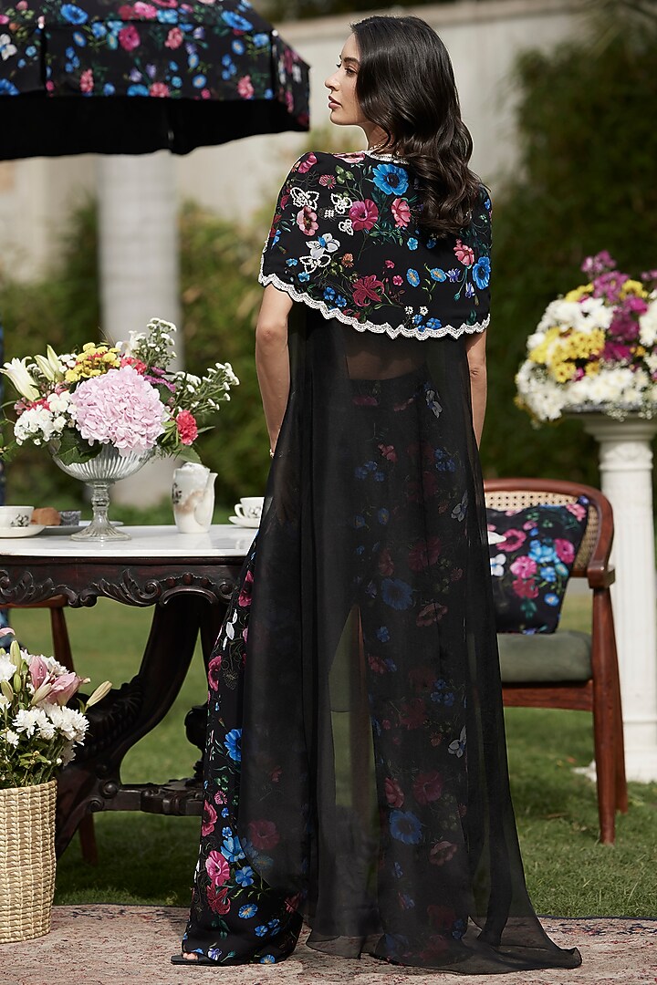 Black & Multi-Colored Georgette Printed Pant Set by ANUSHKAA BAJAJ at Pernia's Pop Up Shop