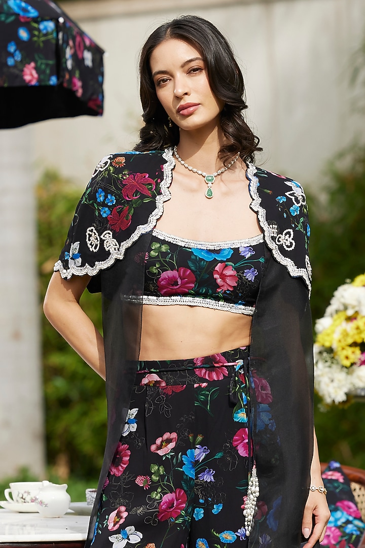 Black & Multi-Colored Georgette Printed Pant Set by ANUSHKAA BAJAJ at Pernia's Pop Up Shop