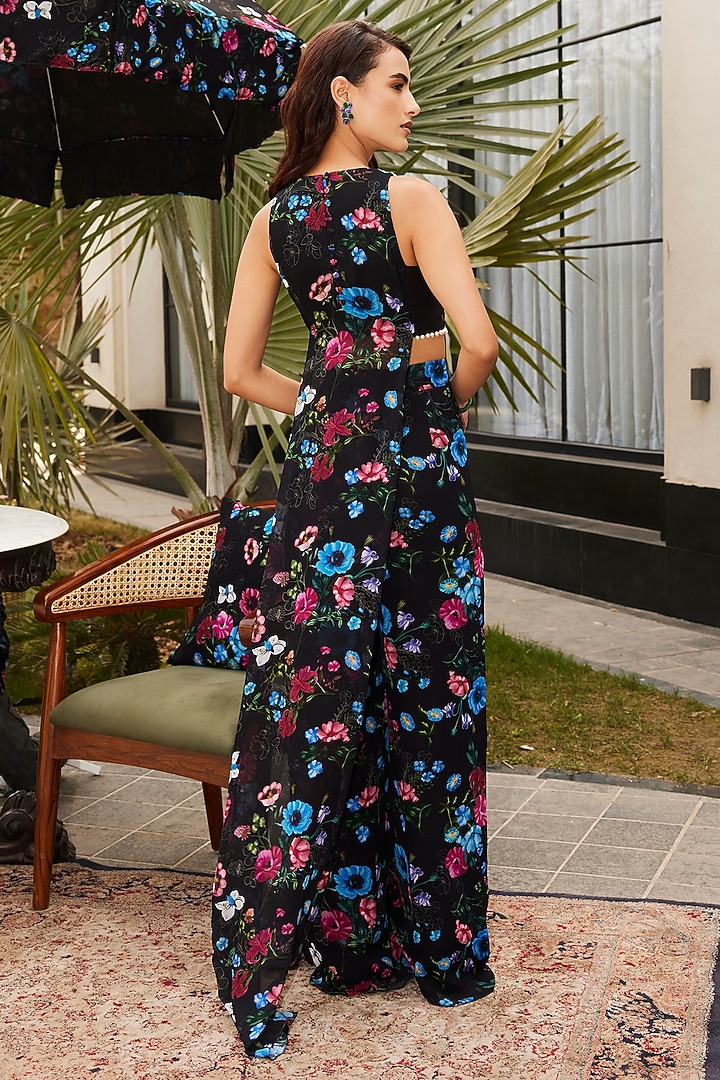 Black & Multi-Colored Georgette Printed Pant Set by ANUSHKAA BAJAJ at Pernia's Pop Up Shop