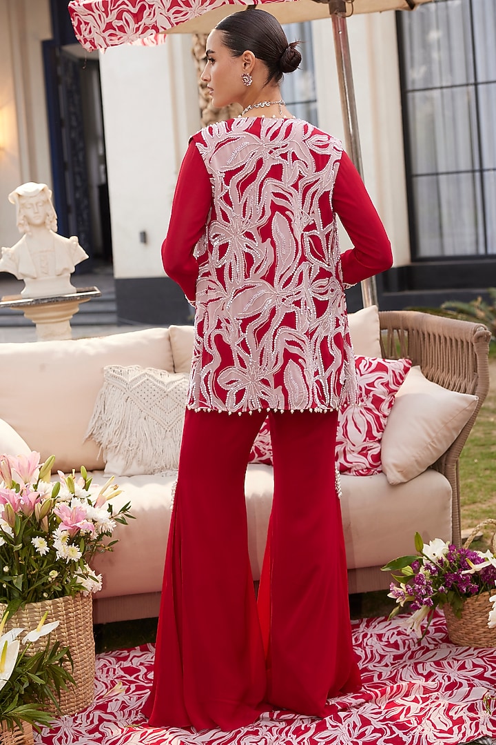 Red Georgette Pearl Embroidered Jacket Set by ANUSHKAA BAJAJ at Pernia's Pop Up Shop