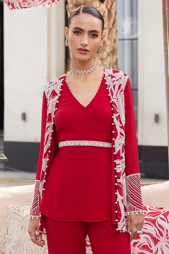 Red Georgette Pearl Embroidered Jacket Set by ANUSHKAA BAJAJ at Pernia's Pop Up Shop