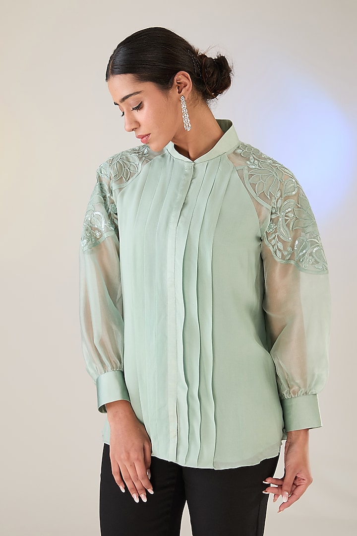 Mint Blue Georgette Applique Work Shirt by Anushkaa Bajaj at Pernia's Pop Up Shop