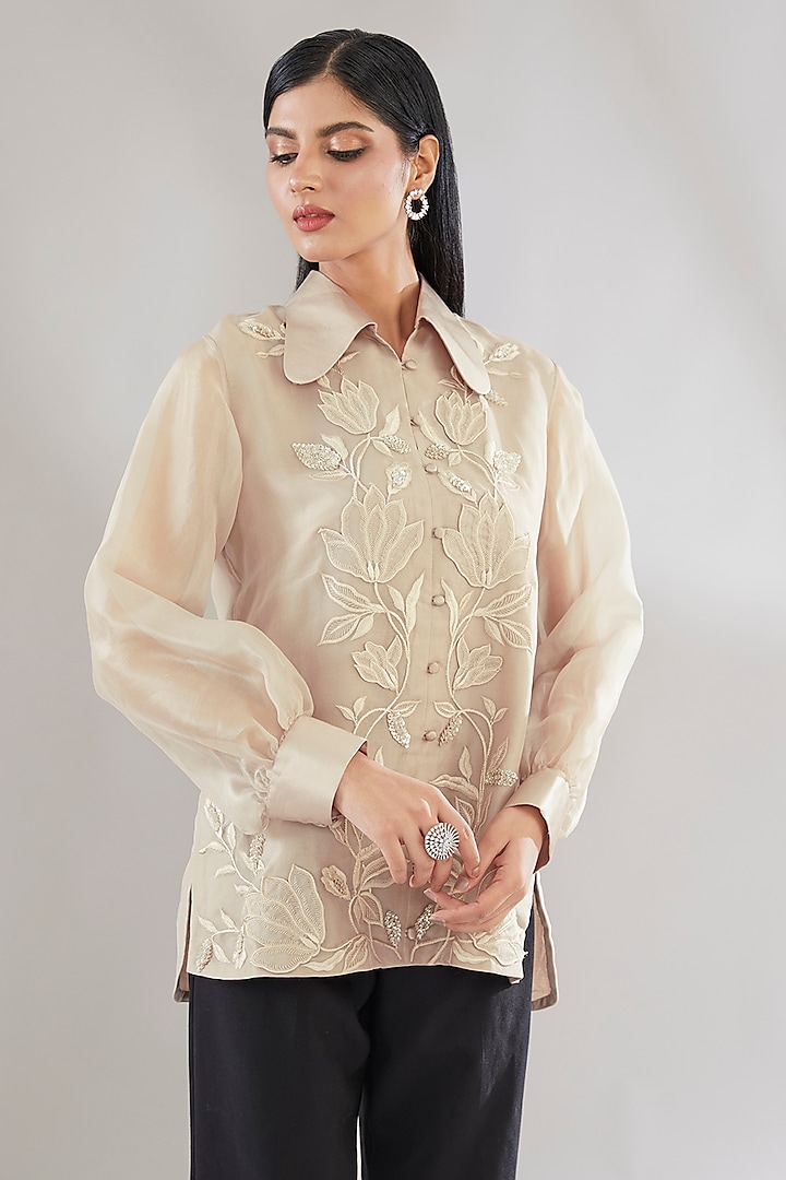 Beige Organza Embellished Shirt by ANUSHKAA BAJAJ at Pernia's Pop Up Shop