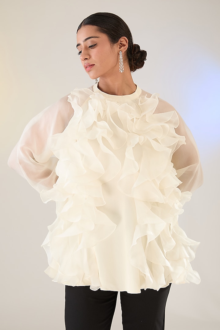 Ivory Double Georgette Ruffled Top by Anushkaa Bajaj at Pernia's Pop Up Shop