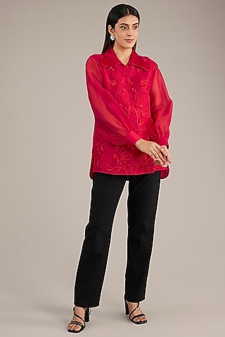 Red Organza Embroidered Shirt by Anushkaa Bajaj