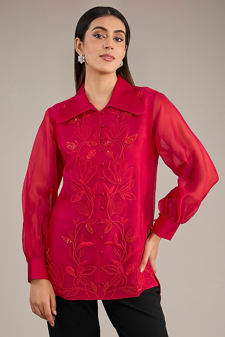 Red Organza Embroidered Shirt by Anushkaa Bajaj at Pernia's Pop Up Shop