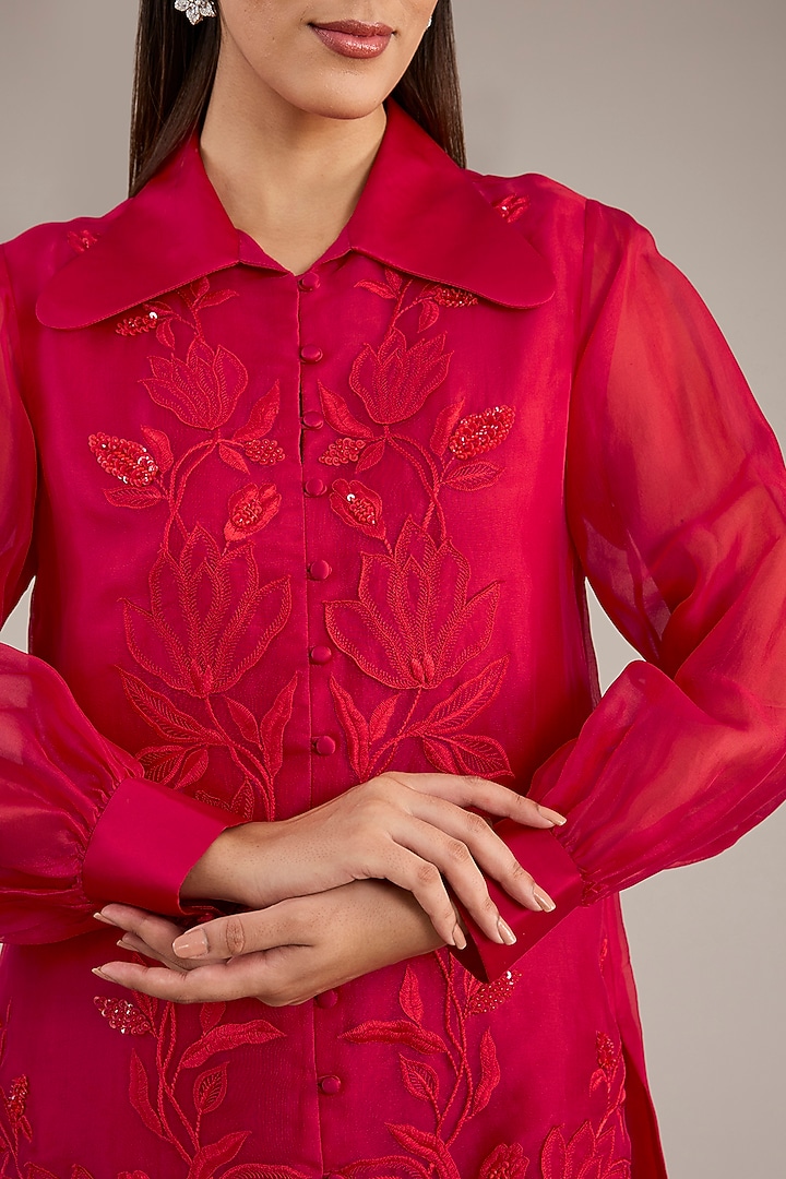 Red Organza Embroidered Shirt by Anushkaa Bajaj at Pernia's Pop Up Shop
