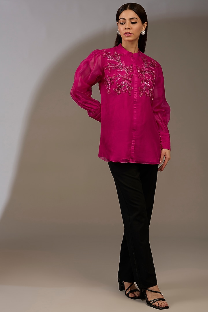 Maroon Organza Embroidered Shirt by Anushkaa Bajaj at Pernia's Pop Up Shop