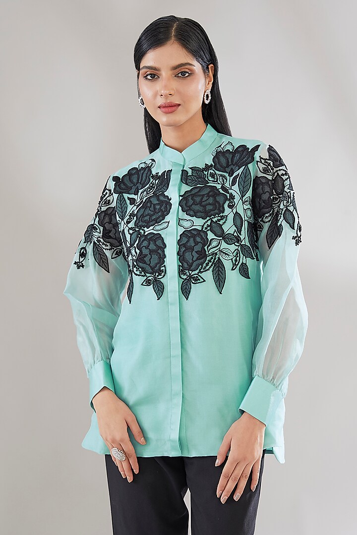 Blue Organza Embellished Shirt by ANUSHKAA BAJAJ at Pernia's Pop Up Shop