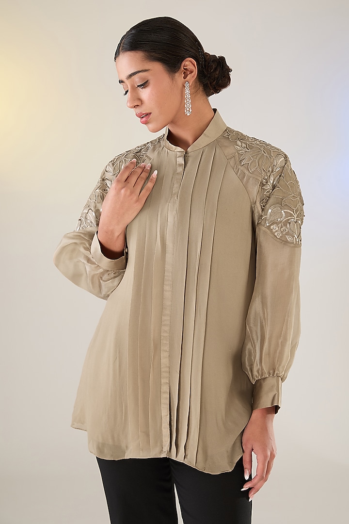 Mouse Colored Georgette Applique Work Shirt by Anushkaa Bajaj at Pernia's Pop Up Shop