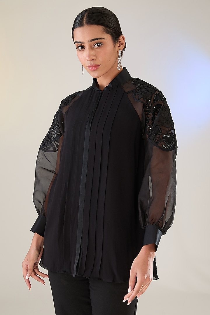 Black Georgette Applique Work Shirt by Anushkaa Bajaj at Pernia's Pop Up Shop