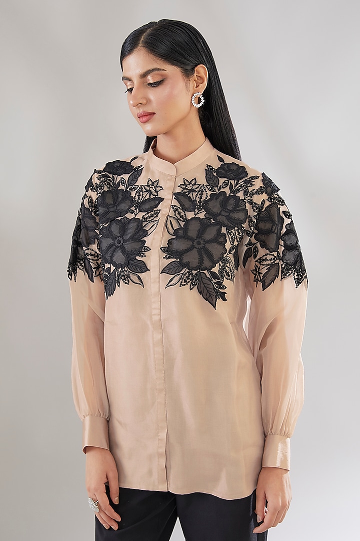 Beige Organza Embellished Shirt by ANUSHKAA BAJAJ at Pernia's Pop Up Shop