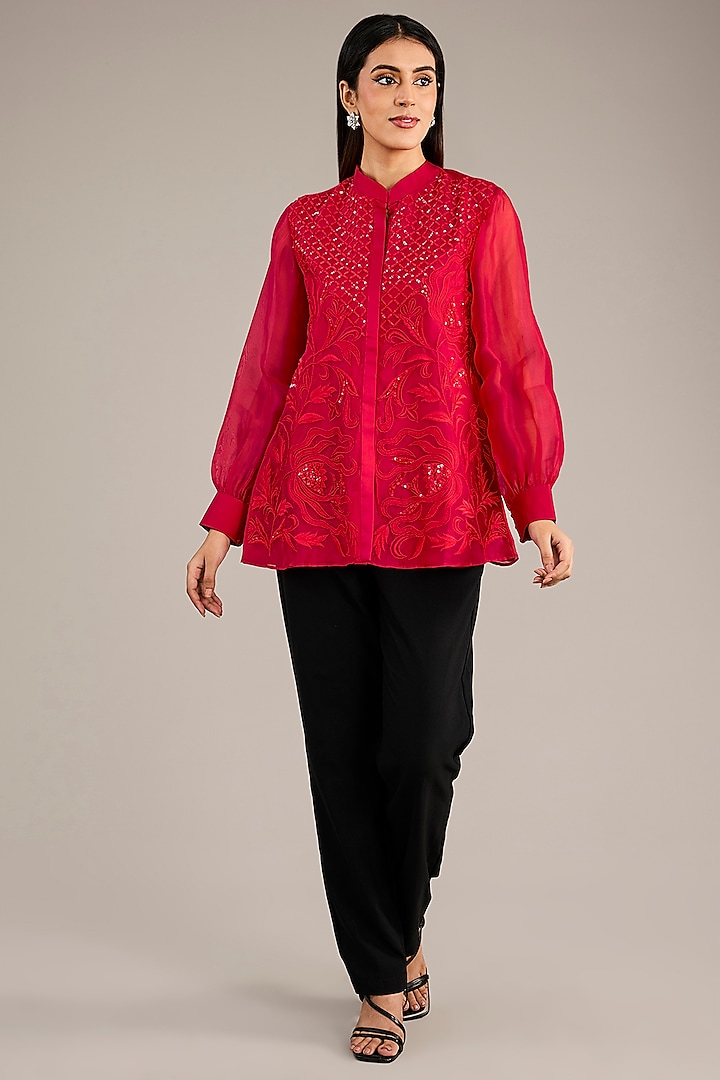 Red Organza Embroidered Shirt by Anushkaa Bajaj at Pernia's Pop Up Shop