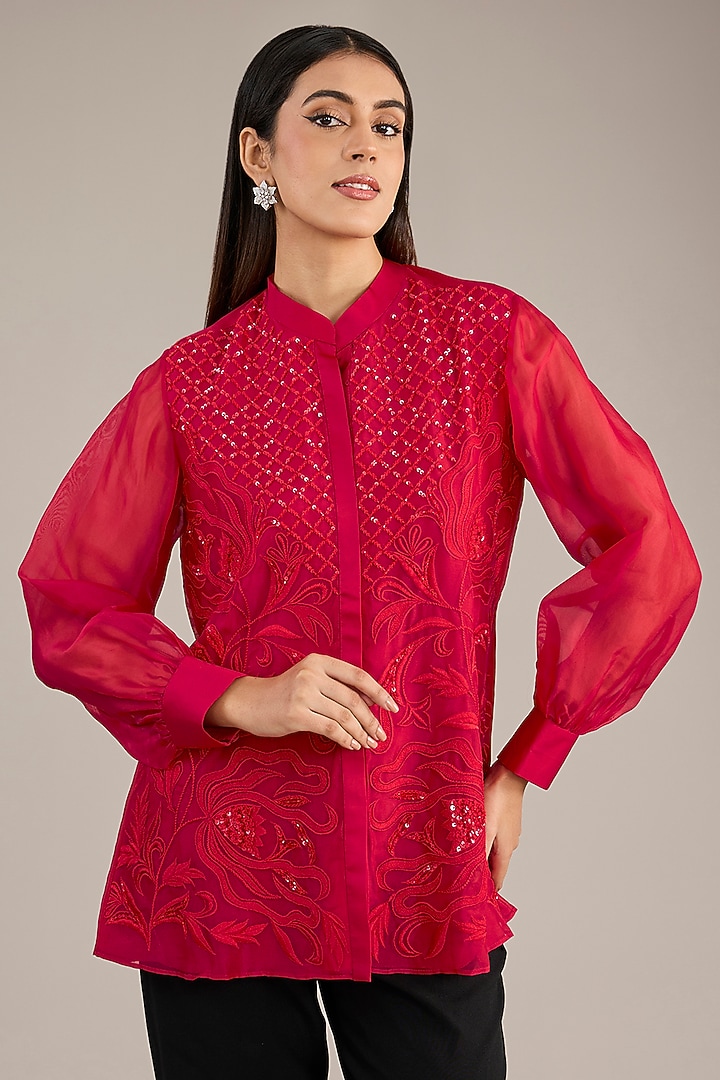 Red Organza Embroidered Shirt by Anushkaa Bajaj at Pernia's Pop Up Shop