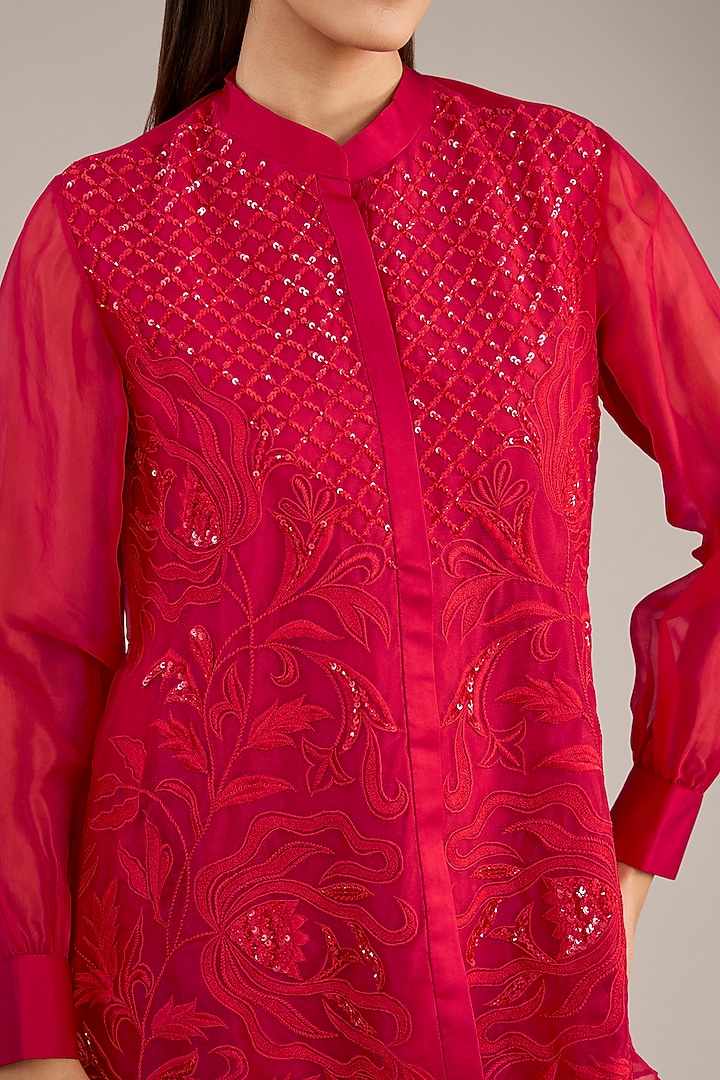 Red Organza Embroidered Shirt by Anushkaa Bajaj at Pernia's Pop Up Shop