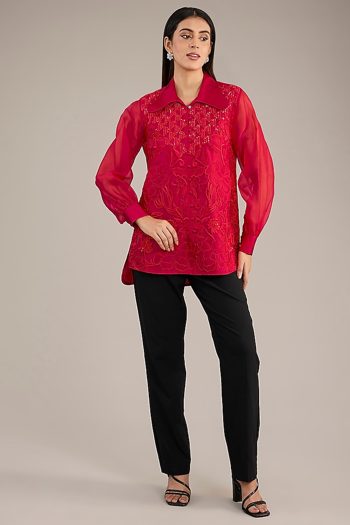 Red Organza Embroidered Shirt by Anushkaa Bajaj at Pernia's Pop Up Shop