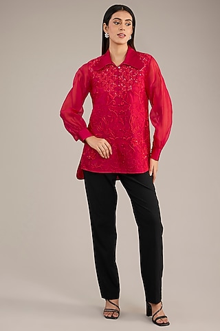 Red Organza Embroidered Shirt by Anushkaa Bajaj
