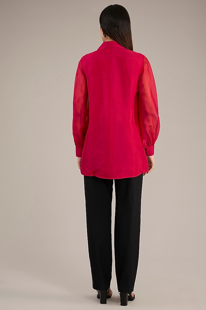 Red Organza Embroidered Shirt by Anushkaa Bajaj at Pernia's Pop Up Shop